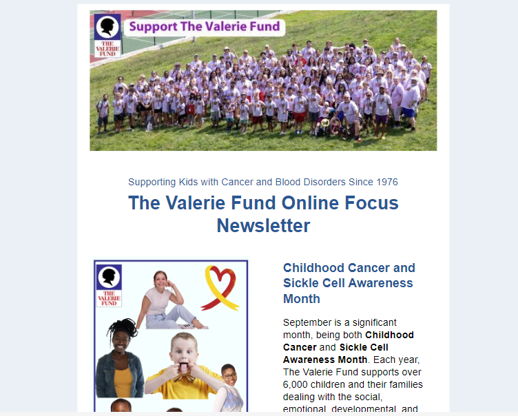 TheValerieFund_'s tweet photo. We have a special September issue of The Valerie Fund Online Newsletter honoring Childhood Cancer and Sickle Cell Awareness Month. , we are sharing inspiring patient stories and more. If you did not receive an email copy of our Newsletter, sign up here https://t.co/nUYOFxTXFO https://t.co/WoZFgZJXap