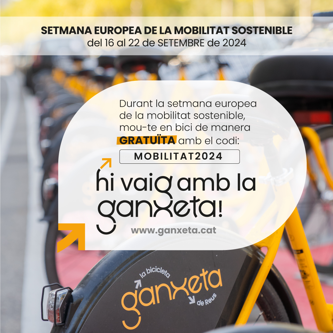 reus_cat's tweet photo. Amb motiu de la Setmana Europea de la Mobilitat Sostenible, mou-te de forma gratuïta amb la Ganxeta 🚲
Utilitza el codi MOBILITAT2024
@reusmobilitat
#NextGenerationUE #NextGenerationReus #PlanDeRecuperación https://t.co/xopJVyoByg