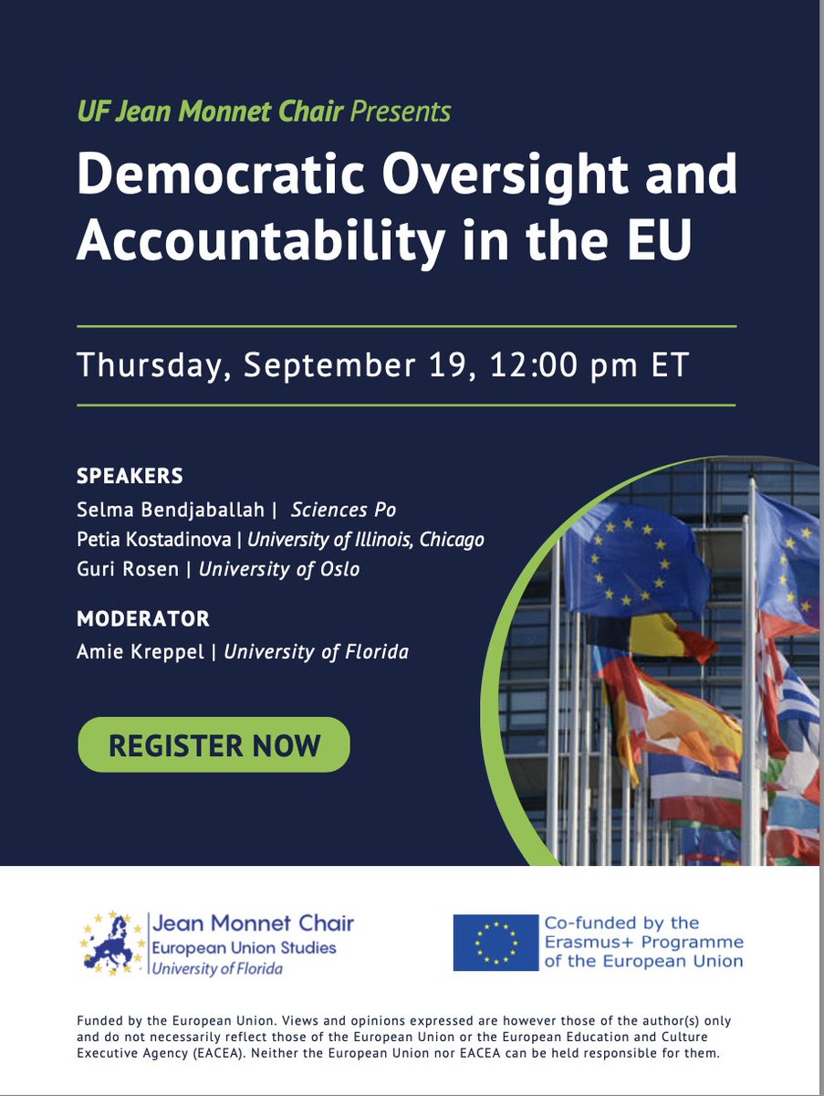 Join us tomorrow for a discussion about democratic oversight and accountability in the EU! Chaired by <a href="/akreppel/">Amie Kreppel</a>. Register here: ufl.zoom.us/webinar/regist…