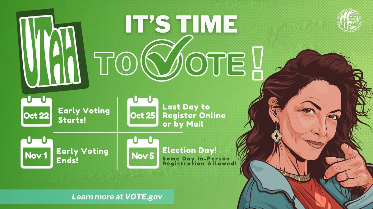 NCUIH_Official's tweet image. 🚨 UTAH! #ElectionDay is almost here! 🗳️
Don’t miss these key deadlines!
🔹 Check your registration at vote.gov
🔹 Want to use this graphic? Visit buff.ly/3SsOVsP!
#NativeVote #RegisterToVote #GOTV #UtahVotes