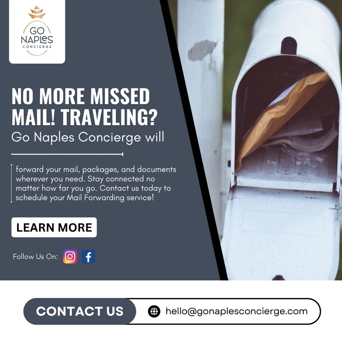 gonapleshome's tweet image. Tired of missing important mail while you&apos;re on the go? With Go Naples Concierge, your mail, packages, and documents are forwarded directly to you—no matter where you travel! Stay seamlessly connected and stress-free. 

Contact us today  (239) 360-3605 
.
 #MailForwarding