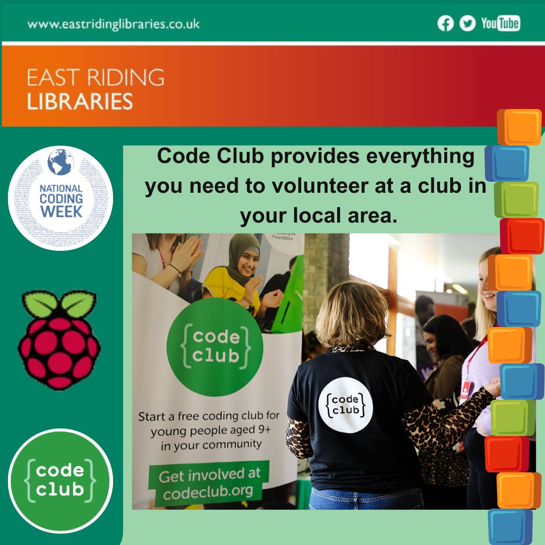 Got Coding skills? Want to share your knowledge with the coders of the future? Drop us a message or pop in to an ER library to ask about volunteering at one of our Code Clubs. 

 Find out more at Volunteer for Code Club — Code Club 

#NationalCodingWeek 
#CodeClub