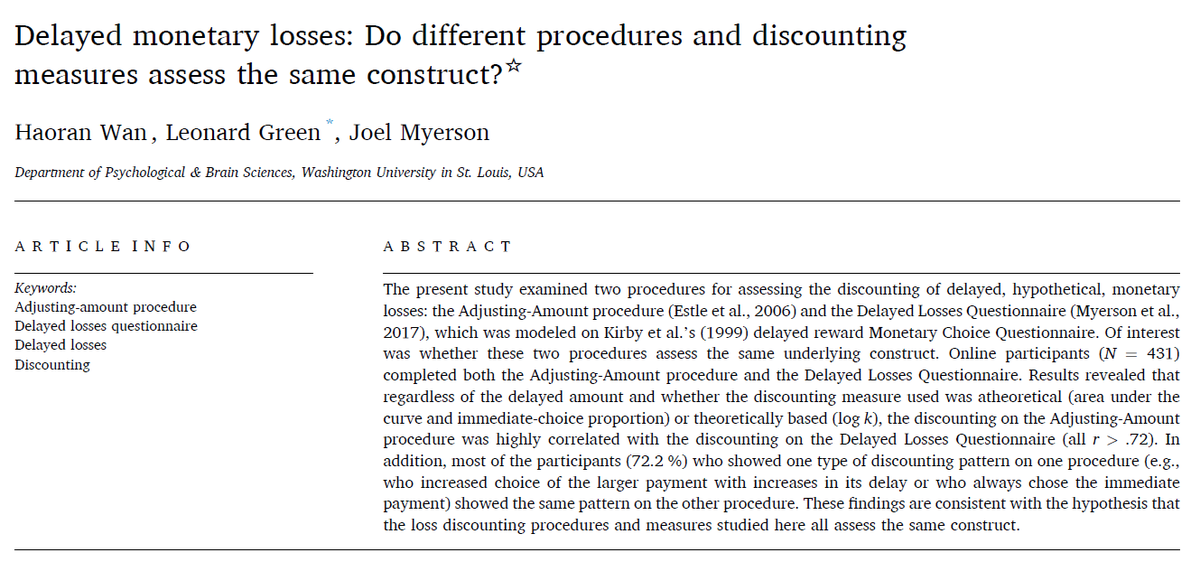 New paper (and yes, open access)!  We compared two procedures for assessing the discounting of delayed losses and found the discounting on the Adj-Amt was highly correlated with that on the DLQ, regardless of the delayed amount and the measurement type.

sciencedirect.com/science/articl…