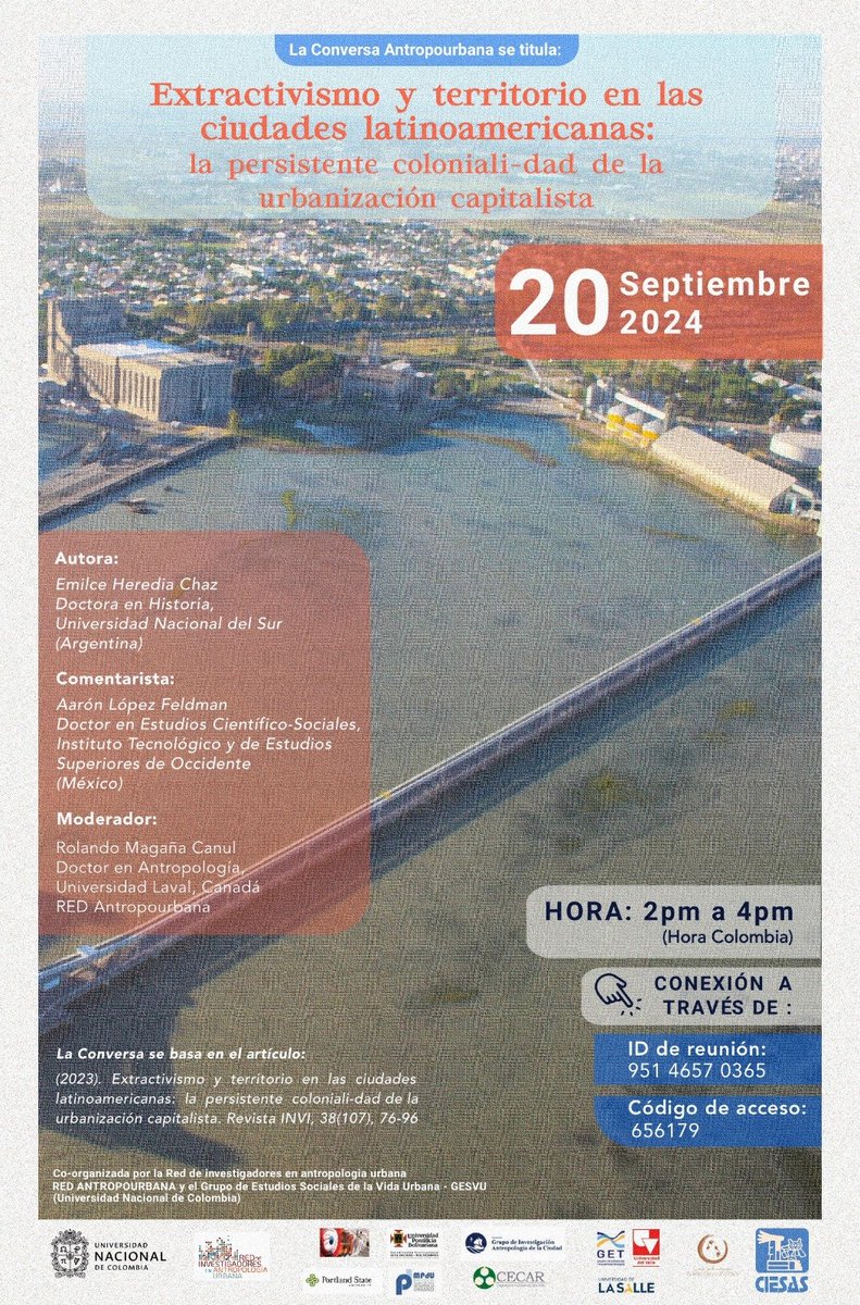"Extractivismo y territorio en las ciudades latinoamericanas"
🗣️ Expone invitada Emilce Heredia Chaz, becaria <a href="/IIESS_CONICET/">IIESS UNS - CONICET</a> 
🗓️ 20 septiembre - 4:00 a 6:00 pm (hora Argentina)
🔗 zoom.us/j/95146570365?…
<a href="/emilcehch/">Emilce Heredia Chaz</a>