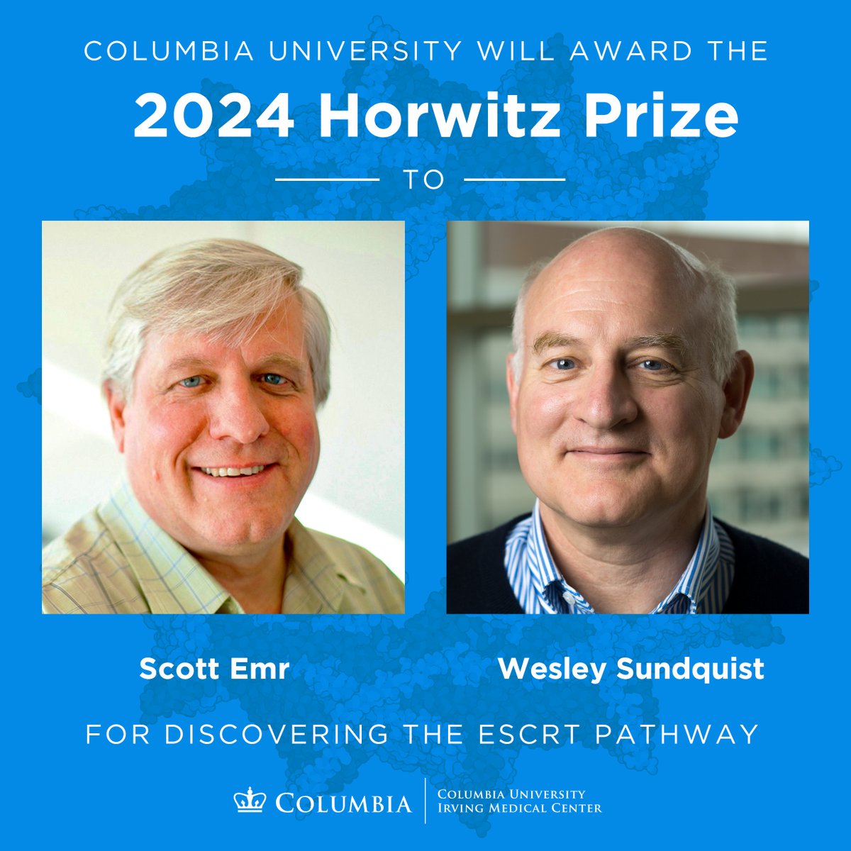 Columbia will award the 2024 Louisa Gross Horwitz Prize to Scott Emr and Wesley Sundquist for discovering the ESCRT pathway and revealing how it works.

Read more: columbiamed.link/47uD4jS