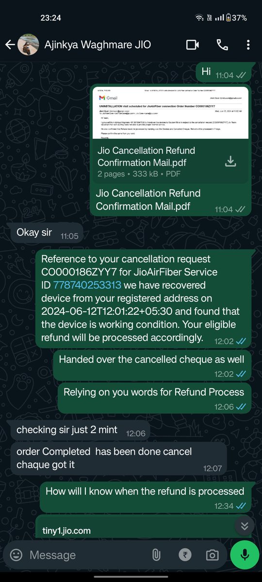 jimitsoniZ's tweet photo. @JioCare escalate issue as I was promised that refund will be processed. Ajinkya Waghmare Called saying I will get  refund after handing over the cancelled cheque and Devices.There was some relocation request raised in error by Jio Team. Proof attached https://t.co/tseby8DrXG