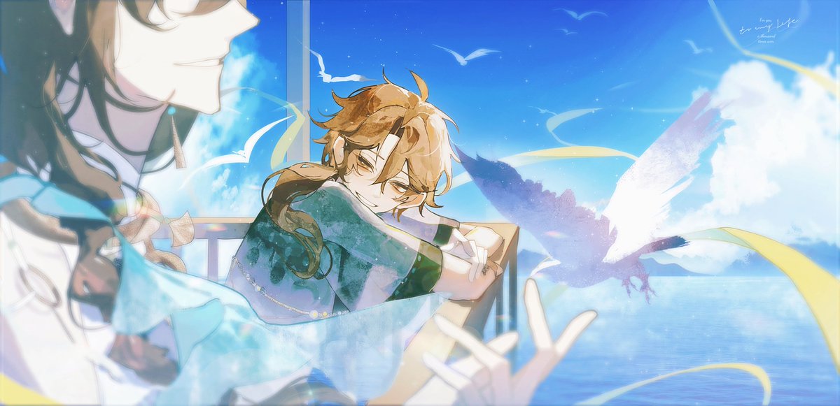 #NUcarnival
『蛇妖青年闻言，露出幸福的笑靥，望向波光粼粼的海面。而他没注意到的是，身旁的人也正双眼含笑，专注地看着自己。』

八云这次蜜话五的结尾太喜欢了...画了！
一年前的活动八云就许愿想要伊得先生注视着自己...越来越闪闪发光的🐍终于得到了伊得先生的目光！鼓掌！