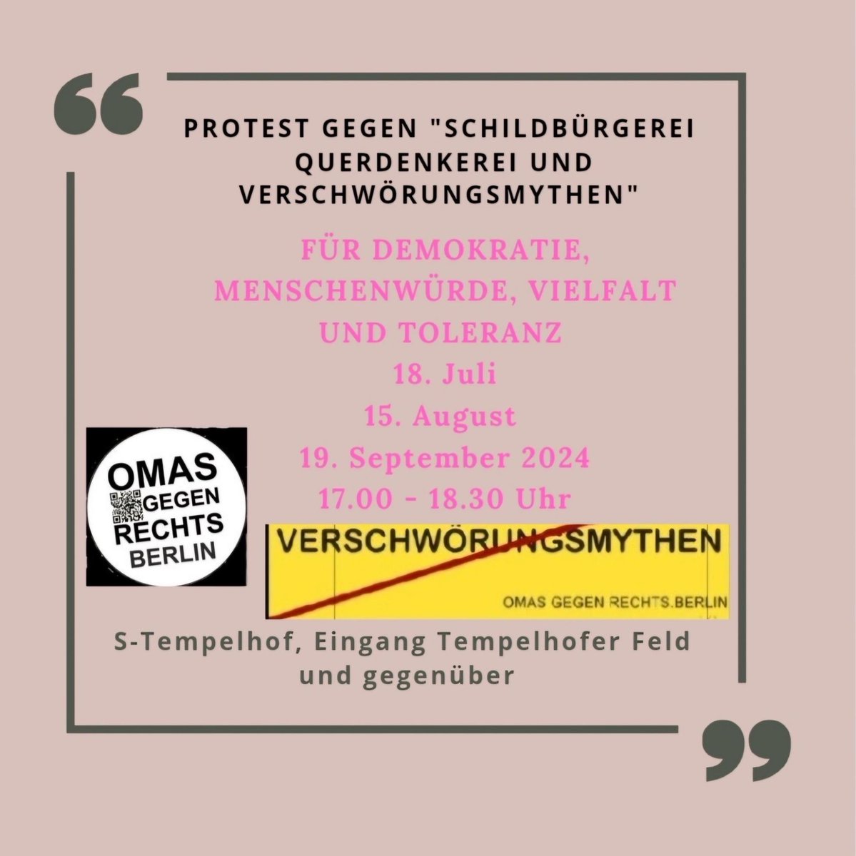 #SaveTheDate #Berlin

Protest gegen Schildbürgerei, Querdenkerei und Verschwörungsmythen

👉🏽 19.09.24 von 17:00 - 18:30 Uhr
👉🏽 Eingang Tempelhofer Feld