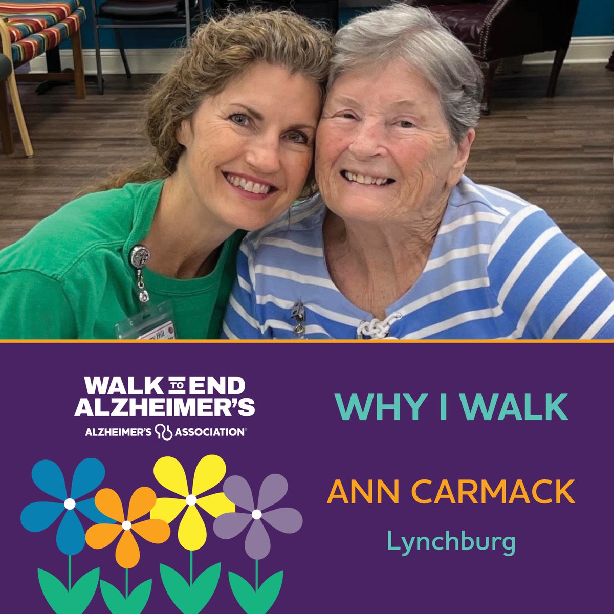 ALZ_Virginia's tweet photo. #WhyIWalkWednesday Ann Carmack, participating in #walk2endalz Lynchburg on Oct. 26 is walking in honor of "...my amazing mother, Joyce, diagnosed with Alzheimer's 7 years ago. Alzheimer's has taken a lot from her over the years, but it hasn't taken her ability to show us love." https://t.co/d3udlOX0jj