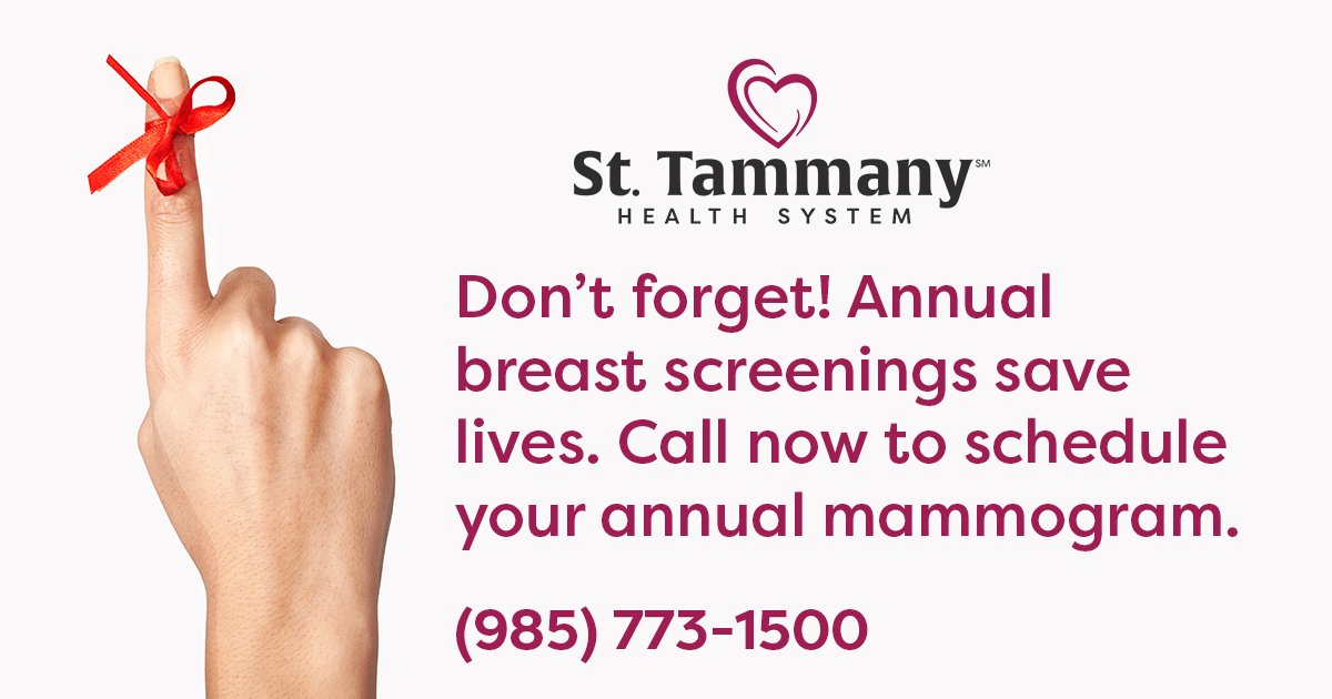 Don't forget! Annual breast screenings save lives. Call (985) 773-1500 to schedule your annual mammogram. 

#MomHealth #Wellness #PreventiveCare