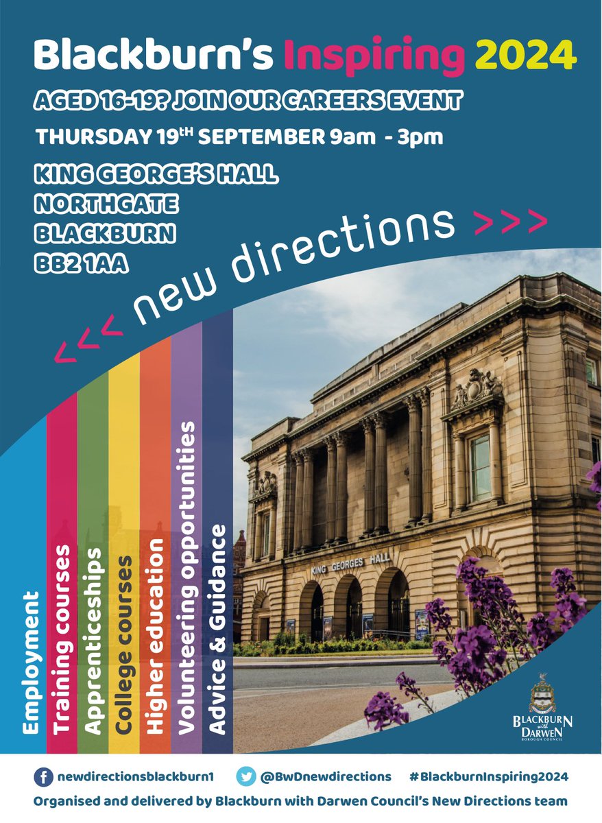 We are all set for Blackburn’s Inspiring 2024!!! Our 7th annual event 🥳

70 exhibitor are ready to inspire 16 of our BwD schools.  

We are also open to those 16-19 who wish to seek new opportunities.  

📆Thursday 19th sept. 
⏰9-3pm 
🏛️King George’s Hall.