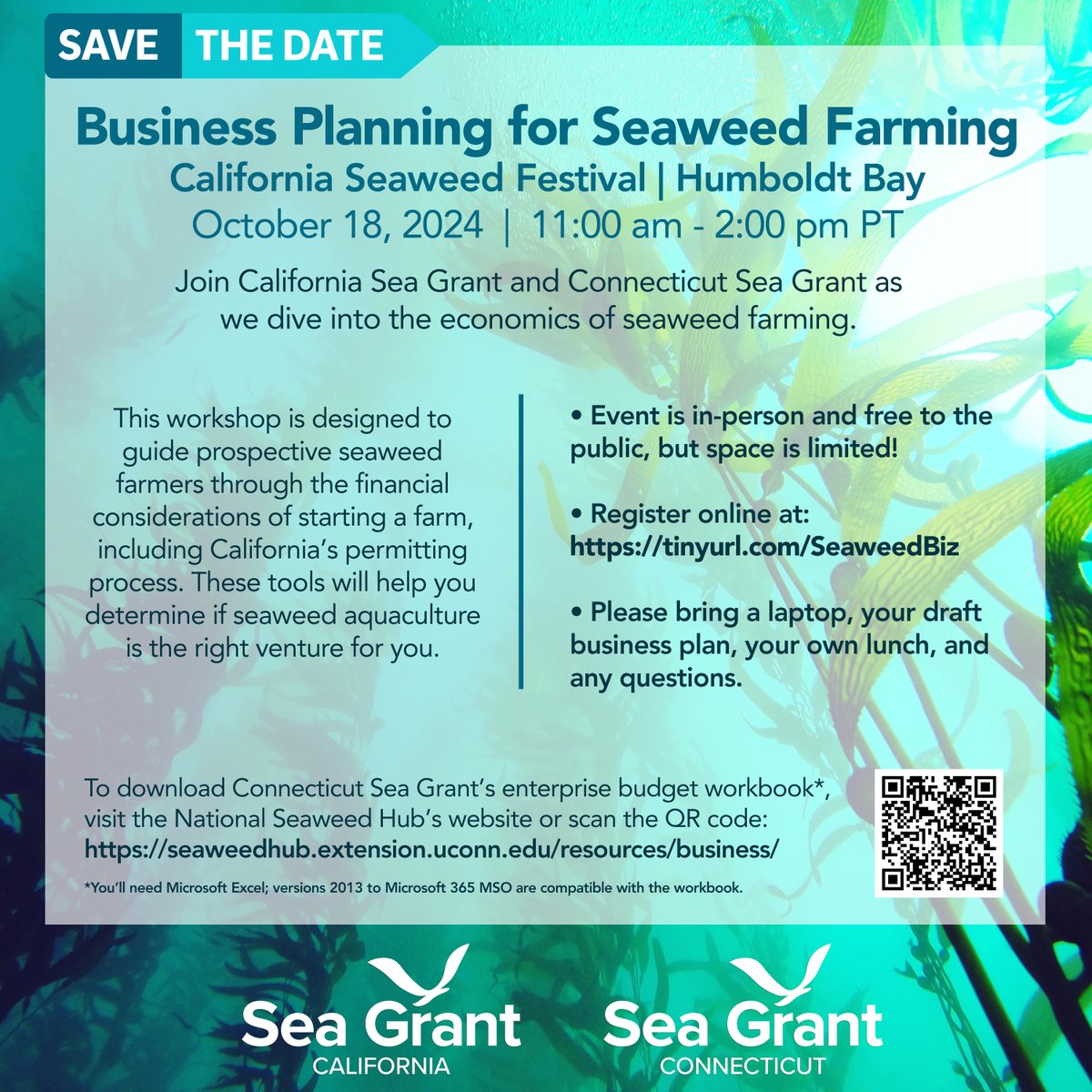 California Sea Grant (@caseagrant) on Twitter photo Join California Sea Grant and <a href="/ctseagrant/">Connecticut SeaGrant</a> as we dive into the economics of seaweed farming at the <a href="/CASeaweedFest/">California Seaweed Festival</a>! Register to attend at: eventbrite.com/e/business-pla… Join California Sea Grant and <a href="/ctseagrant/">Connecticut SeaGrant</a> as we dive into the economics of seaweed farming at the <a href="/CASeaweedFest/">California Seaweed Festival</a>! Register to attend at: eventbrite.com/e/business-pla…