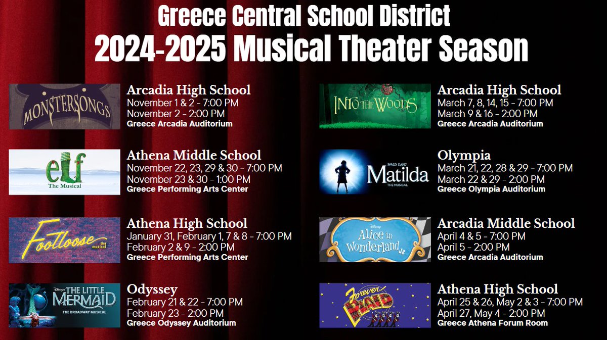 GCSD Arts (@gcsdart) on Twitter photo Announcing the GCSD 2024-2025 Musical Theater Season! Hope to see you there! <a href="/GreeceCentral/">Greece Central</a> @GCSDsuper Announcing the GCSD 2024-2025 Musical Theater Season! Hope to see you there! <a href="/GreeceCentral/">Greece Central</a> @GCSDsuper