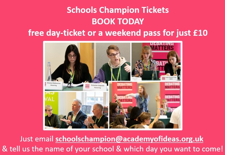 🎉Debating Matters at the Battle of Ideas festival 🎉

🗓️19 &amp; 20 Oct 
🏙️Westminster

Come &amp; see us debate #Smartphones should be banned in the classroom &amp; enjoy the whole festival with this special Free Schools Champion offer😍

Pls RT

battleofideas.org.uk/battle-of-idea…