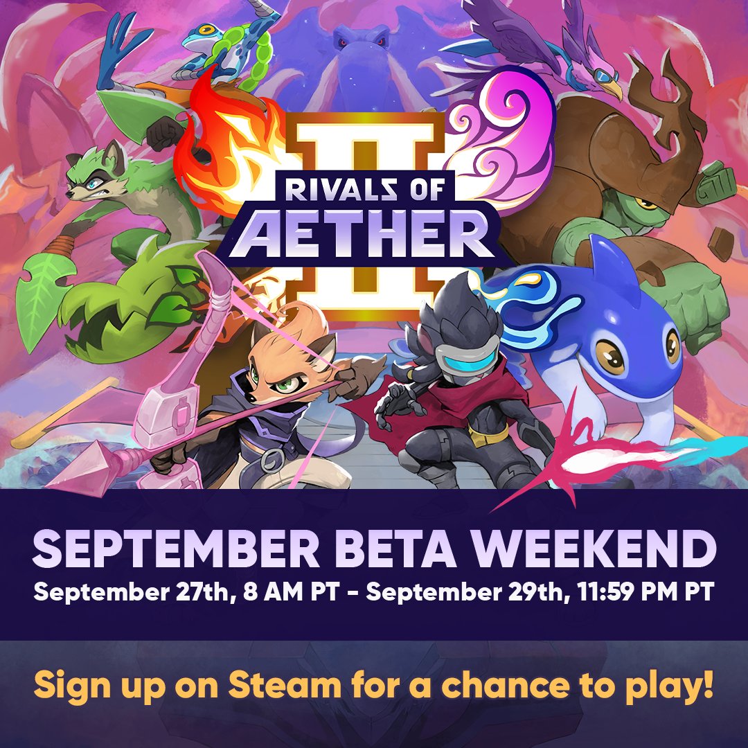 RivalsOfAether's tweet photo. Our semi open beta weekend starts next Friday!

September 27-29th

Opt in on Steam and get a chance to play Rivals of Aether II ⬇️ https://t.co/aTCapYKUZW