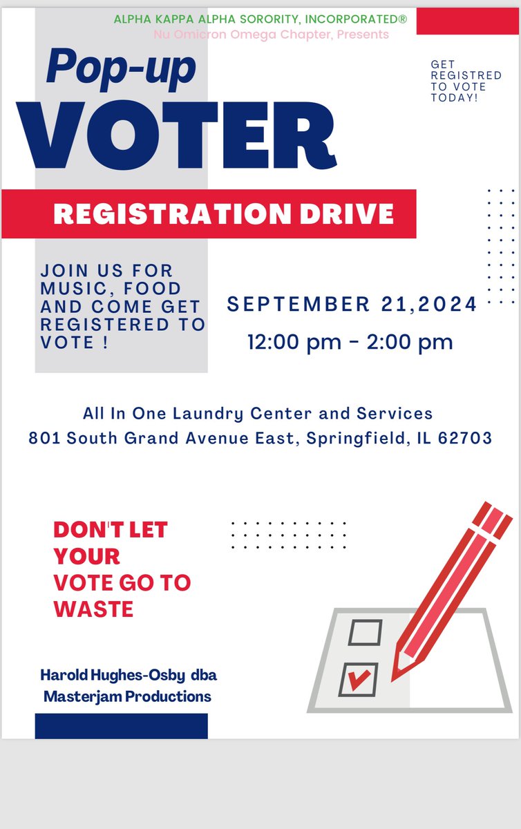 Join us for music, food and voter registration, made possible in partnership with Alpha Kappa Alpha Sorority, Inc. - Nu Omicron Omega Chapter