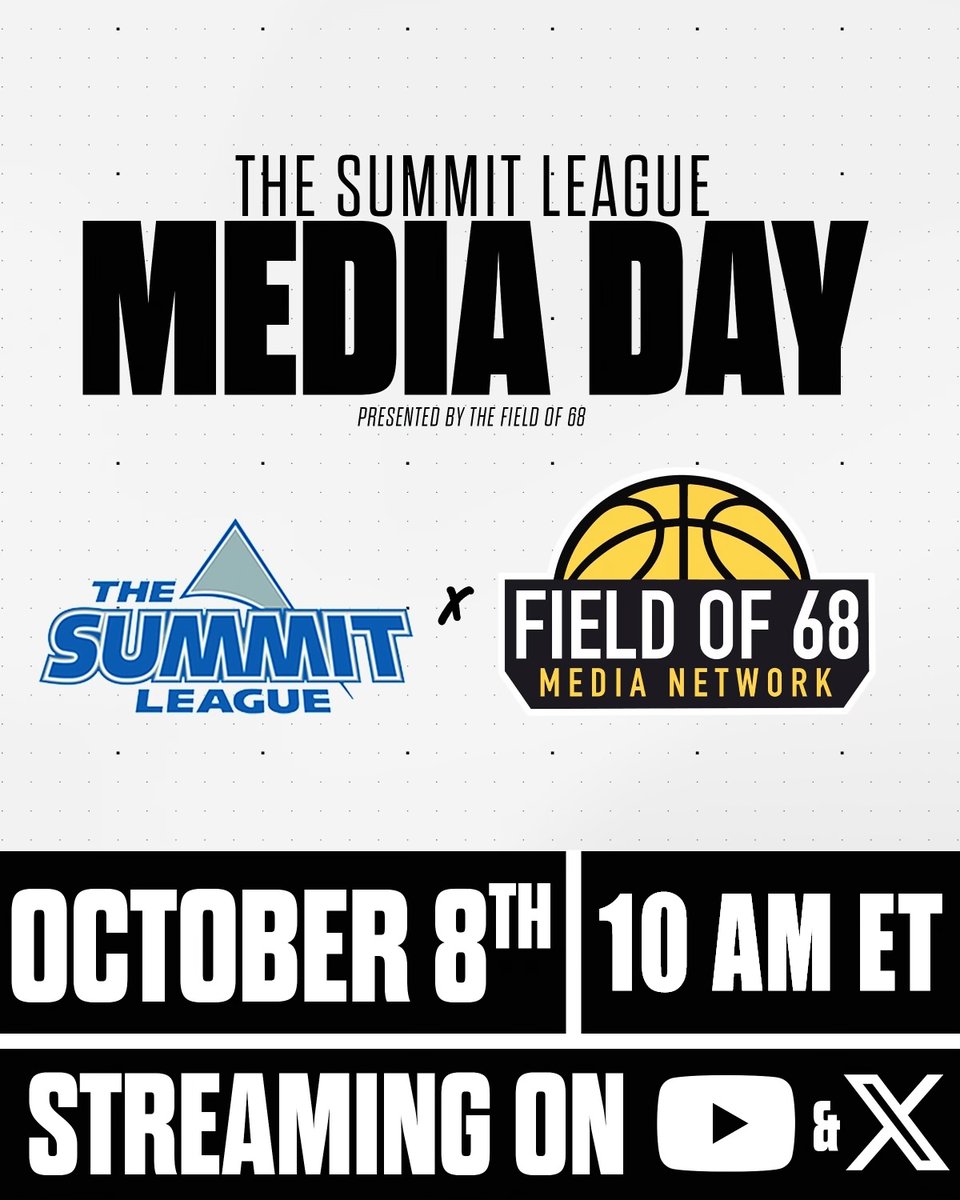 The Field of 68 (@thefieldof68) on Twitter photo The Field of 68 is THRILLED to partner with <a href="/TheSummitLeague/">The Summit League</a> for their Media Day event LIVE in Sioux Falls on October 8th!
Tune in to <a href="/TheFieldOf68/">The Field of 68</a> on X and YouTube starting at 10am ET as <a href="/RobDauster/">Rob Dauster</a> and <a href="/GoodmanHoops/">Jeff Goodman</a> interview and break down EVERY <a href="/SummitHoops/">Summit Hoops</a> team! The Field of 68 is THRILLED to partner with <a href="/TheSummitLeague/">The Summit League</a> for their Media Day event LIVE in Sioux Falls on October 8th!
Tune in to <a href="/TheFieldOf68/">The Field of 68</a> on X and YouTube starting at 10am ET as <a href="/RobDauster/">Rob Dauster</a> and <a href="/GoodmanHoops/">Jeff Goodman</a> interview and break down EVERY <a href="/SummitHoops/">Summit Hoops</a> team!