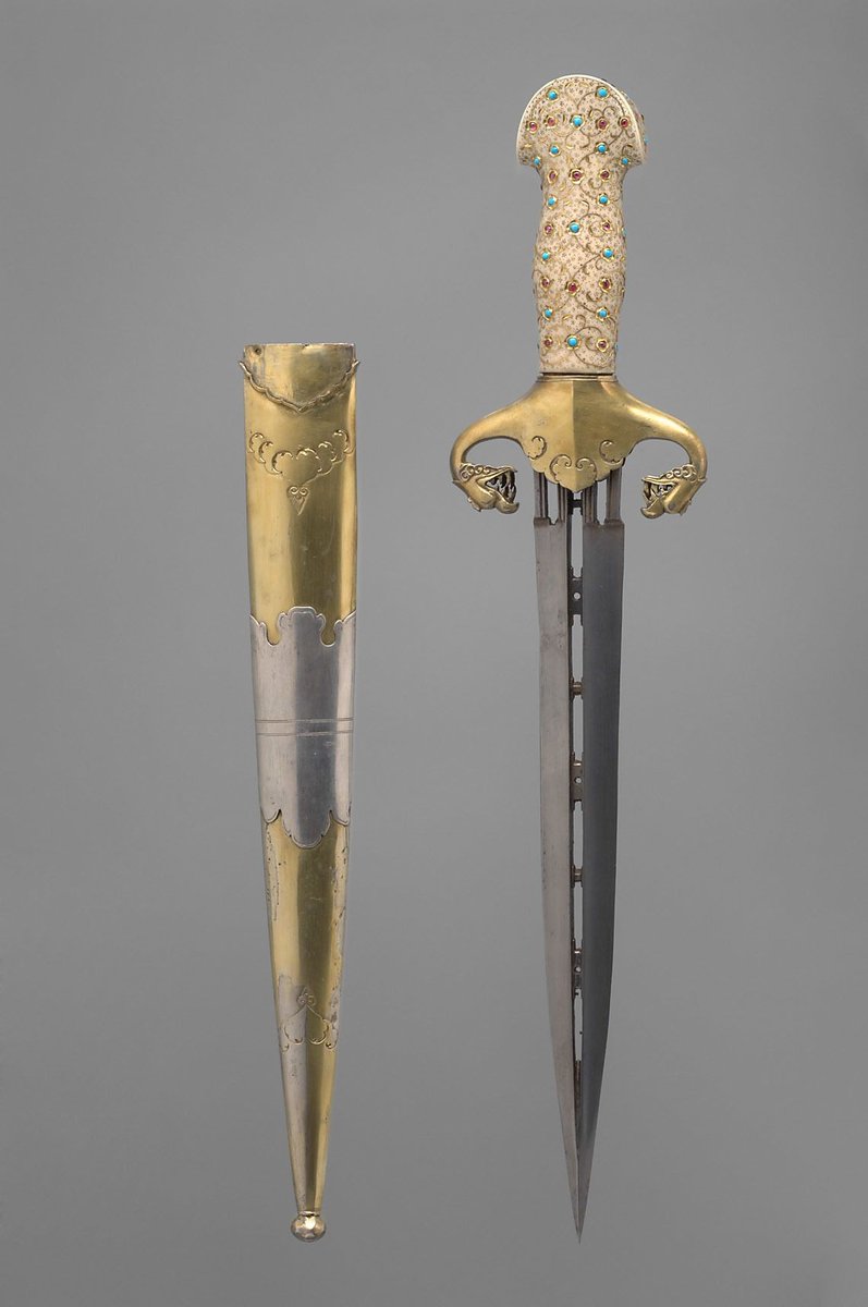 archaeologyart's tweet image. A beautiful pierced dagger with an ivory grip studded with turquoise and rubies and gilded quillons, probably Ottoman, ca. 1525-1550, housed at the Kunsthistorisches Museum.