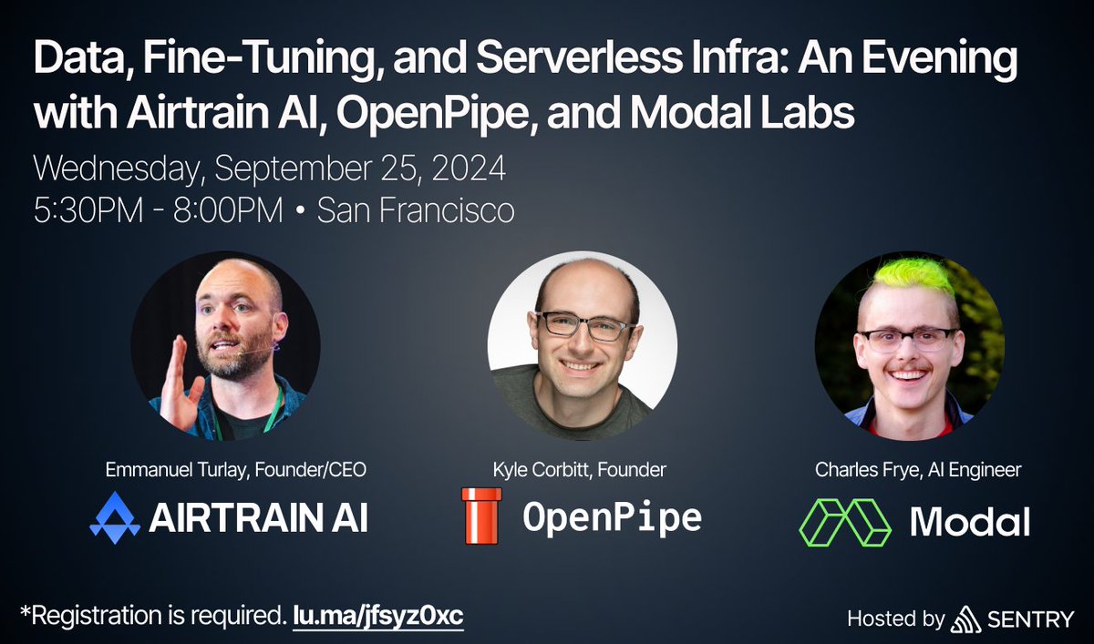 OpenPipe (@openpipeai) on Twitter photo Our CEO <a href="/corbtt/">Kyle Corbitt</a> is giving a talk next Wed in SF w/ <a href="/neutralino1/">Emmanuel Turlay</a> and <a href="/charles_irl/">Charles 🎉 Frye</a>. Kyle's topic is on fine-tuning best practices to get far higher quality LLM results vs prompting alone, and when to explore this optimization technique.
check it out! lu.ma/jfsyz0xc Our CEO <a href="/corbtt/">Kyle Corbitt</a> is giving a talk next Wed in SF w/ <a href="/neutralino1/">Emmanuel Turlay</a> and <a href="/charles_irl/">Charles 🎉 Frye</a>. Kyle's topic is on fine-tuning best practices to get far higher quality LLM results vs prompting alone, and when to explore this optimization technique.
check it out! lu.ma/jfsyz0xc