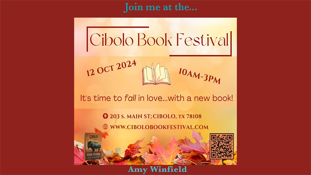 Hello, I'll be one of many authors at the Texas Cibolo Book Festival on October 12th between 10a - 3p. Come check us out!!! Looking forward to seeing you.