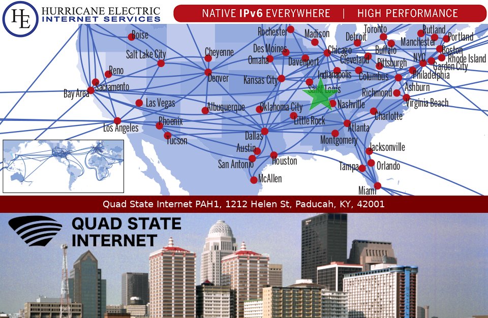 We're now live at Quad State Internet PAH1! This is our first POP in Kentucky, 154th POP in the US, 173rd POP in North America, and our 323rd POP worldwide.

Order #1Gbps #GigE #Gigabit #10Gbps #10GE #100Gbps #100GE #IPTransit #bandwidth #datacenter