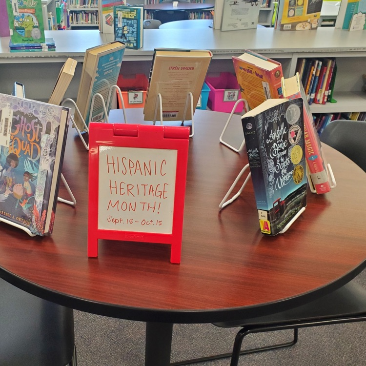 Bonlee_Dragons's tweet photo. A great display in our media center to kick off Hispanic Heritage month.  #onechatham #dragonsonfire #CCSSHINE https://t.co/m2XdkPPWQV