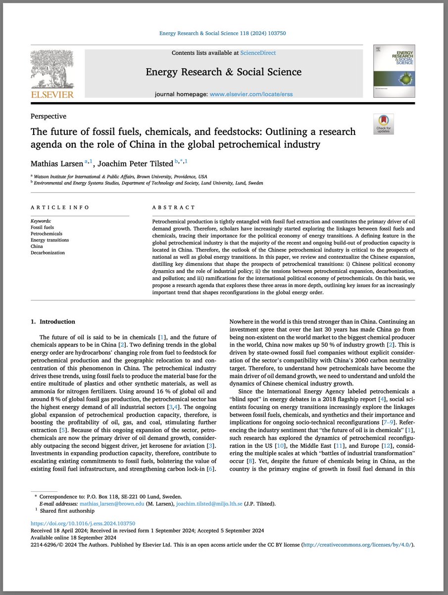 MLundLarsen's tweet image. NEW ARTICLE OUT in Energy Research & Social Science: 'The future of fossil fuels, chemicals, and feedstocks: Outlining a research agenda on the role of China in the global petrochemical industry' co-authored with @JPTilsted
sciencedirect.com/science/articl…