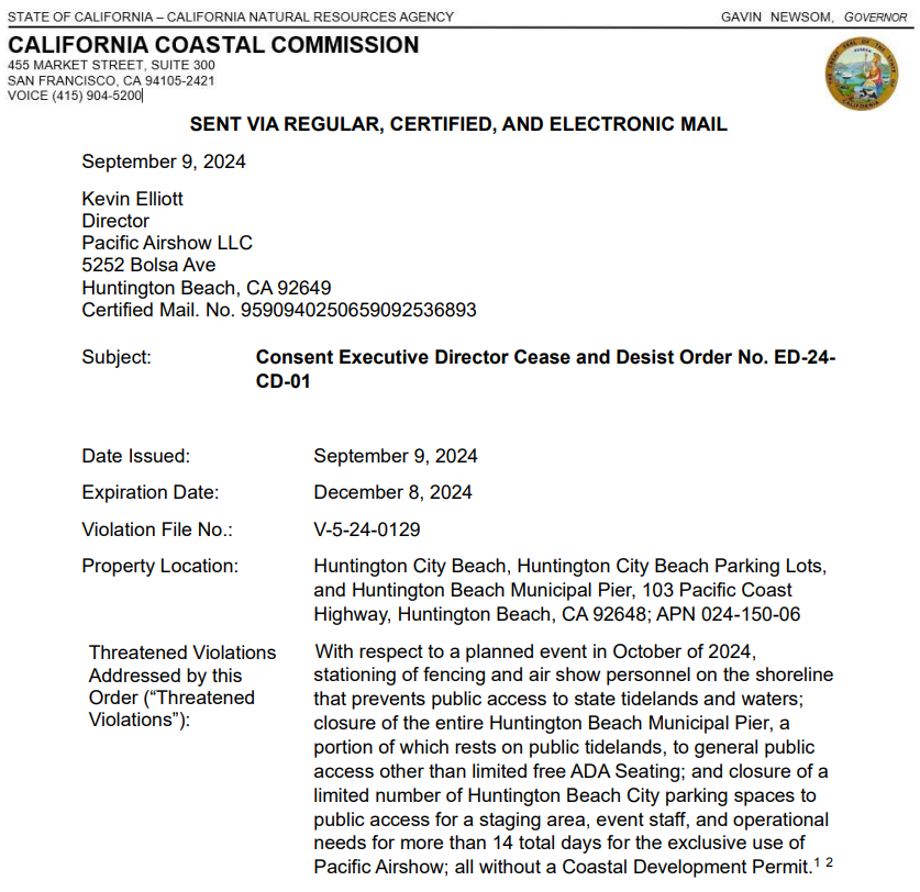 The Pacific Airshow has entered into a consent cease &amp; desist agreement with the Coastal Commission to resolve certain public access and other violations for the 2024 airshow.

The airshow is still required to seek a permit for future shows in HB.

documents.coastal.ca.gov/reports/2024/9…