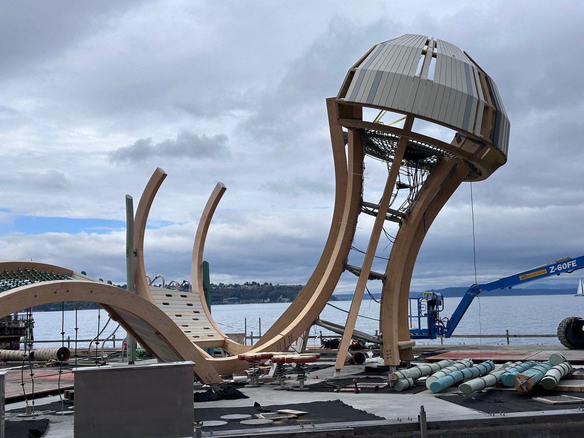 Pier 58 is beginning to come to life with the installation of the jellyfish-inspired climbing tower. This is the largest element of the sea life themed play structure and is a one-of-a-kind creation for Waterfront Park.