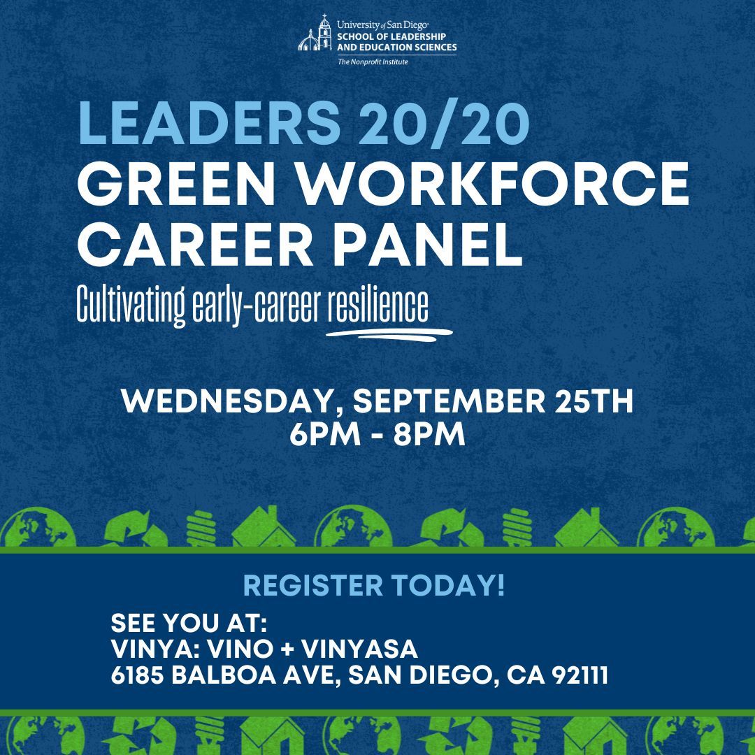 We hope to see you next week for the Green Workforce Career Panel!

Speakers:
Ryan Waterman, Brownstein Hyatt Farber Schreck, LLP. 
Milena LaBarbiera, USD Office of Sustainability
Paula Sternberg, San Diego Natural History Museum 

Register here: buff.ly/3MzkkpS