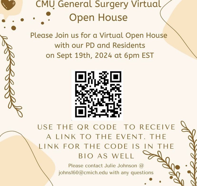 Anyone who is interested in or applying to General Surgery, join Central Michigan University Virtual Meet and Great tomorrow and learn more about our great program!!!

Register: shorturl.at/7K5EV

#Match2025 #Gensurgmatch2025 #Surgery #IMG
 #Residency #GenSurg
#MedTwitter