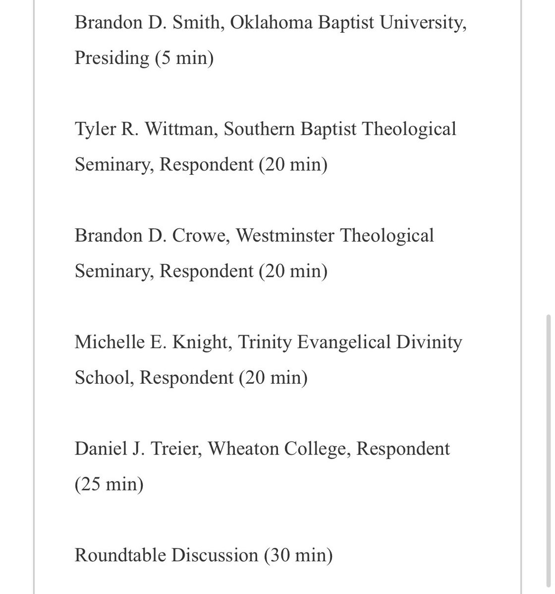 Brandon Smith (@brandon_d_smith) on Twitter photo Join <a href="/sopresley/">Stephen Presley</a> & I at <a href="/IBRBBR/">Institute for Biblical Research (IBR)</a> for our Theology, Hermeneutics, & Biblical Interpretation session! We’re discussing Dan Treier’s new “Lord Jesus Christ” from <a href="/ZonderAcademic/">Zondervan Academic</a>.
Papers from <a href="/tylerwittman/">Tyler Wittman</a>, <a href="/mlizknight/">Michelle Knight</a>, & Brandon Crowe, with a response from Treier.
Nov 22 @ 1 PM Join <a href="/sopresley/">Stephen Presley</a> & I at <a href="/IBRBBR/">Institute for Biblical Research (IBR)</a> for our Theology, Hermeneutics, & Biblical Interpretation session! We’re discussing Dan Treier’s new “Lord Jesus Christ” from <a href="/ZonderAcademic/">Zondervan Academic</a>.
Papers from <a href="/tylerwittman/">Tyler Wittman</a>, <a href="/mlizknight/">Michelle Knight</a>, & Brandon Crowe, with a response from Treier.
Nov 22 @ 1 PM