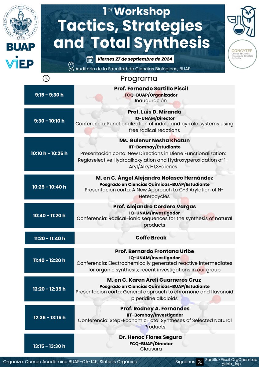 Sartillo-Piscil OrgChemLab (@lab_fsp) on Twitter photo Excited to announce the first Workshop entitle "Strategies, Tactics and Total Synthesis" which shall be held here in da house. <a href="/LuisDemetrio_M/">Luis D Miranda</a> <a href="/BAFrontanaU/">Bernardo A Frontana-Uribe</a> <a href="/Chemistry_IITB/">Department of Chemistry, IIT Bombay</a> Excited to announce the first Workshop entitle "Strategies, Tactics and Total Synthesis" which shall be held here in da house. <a href="/LuisDemetrio_M/">Luis D Miranda</a> <a href="/BAFrontanaU/">Bernardo A Frontana-Uribe</a> <a href="/Chemistry_IITB/">Department of Chemistry, IIT Bombay</a>