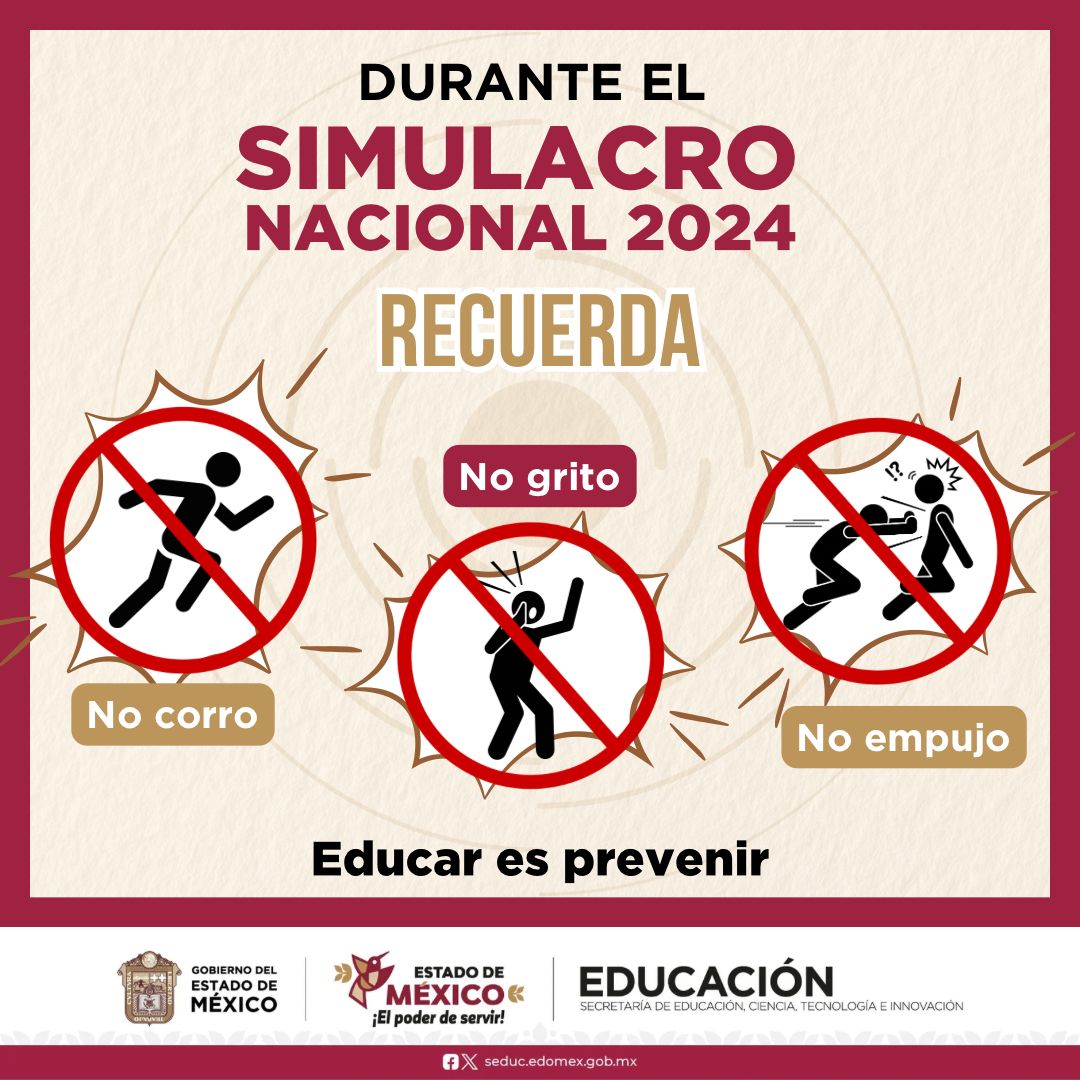 SeducEdoMex's tweet image. 🔺 #EducarEsPrevenir 🔺
Durante el #SimulacroNacional2024, recuerda reforzar a la comunidad educativa las medidas preventivas para evitar accidentes.
🚫 No corro
🚫 No grito
🚫 No empujo
¡La seguridad es primero! 💪💫