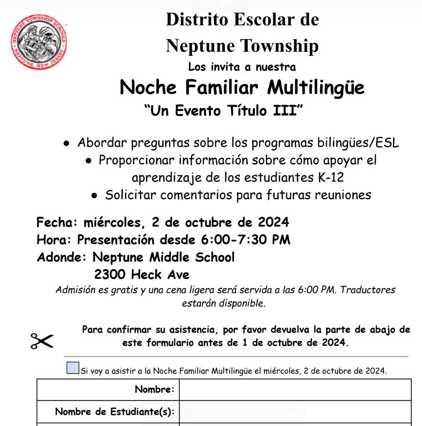 Neptune Twp. School District ESL Dept. 6-12 (@neptuneesl6_12) on Twitter photo Our Multilingual Family Night will be held at NMS on October 2nd from 6-7:30 PM for all families with students in the K-12 ESL Program. Contact your child's ESL teacher for details. <a href="/TamiCrader/">Tami Crader</a> <a href="/DrSAMillaway/">Sally A. Millaway</a> <a href="/NeptuneSchools/">Neptune Twp. Schools</a> <a href="/Flier_Wellness/">NHS Counseling Department</a> <a href="/Tom_Decker71/">Tom Decker</a> Our Multilingual Family Night will be held at NMS on October 2nd from 6-7:30 PM for all families with students in the K-12 ESL Program. Contact your child's ESL teacher for details. <a href="/TamiCrader/">Tami Crader</a> <a href="/DrSAMillaway/">Sally A. Millaway</a> <a href="/NeptuneSchools/">Neptune Twp. Schools</a> <a href="/Flier_Wellness/">NHS Counseling Department</a> <a href="/Tom_Decker71/">Tom Decker</a>