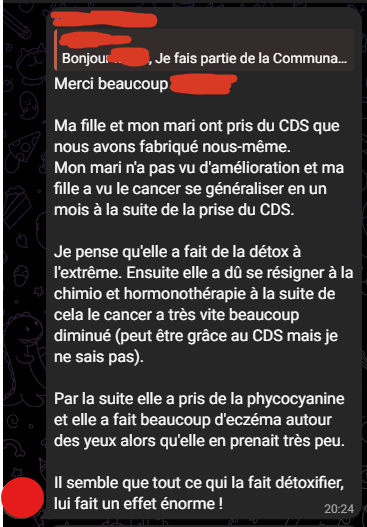 BenjaminLobet's tweet photo. Pendant ce temps, sur le telegram de Casasnovas...
Une personne vient demander conseil pour les cancers de son mari et de sa fille, disant que l'hormonothérapie ne sera bientôt plus remboursée. On apprend ensuite qu'ils ont essayé le CDS (voir tweets suivants). https://t.co/jdLUCWPPVI