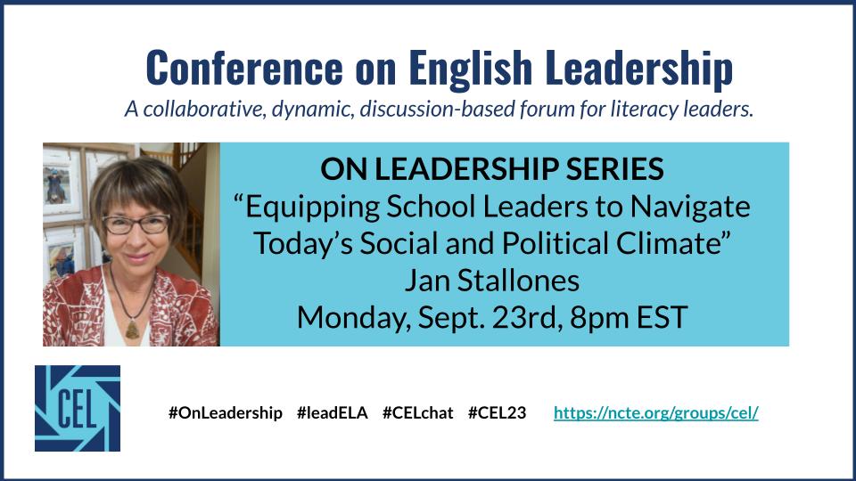 NCTE CEL (@ncte_cel) on Twitter photo How might school leaders navigate today’s social and political climate? Join CEL for a conversation with Jan Stallones on Monday, Sept. 23, 8 p.m. ET. Open to all CEL and <a href="/ncte/">National Council of Teachers of English (NCTE)</a> members! Register today: forms.gle/jd4eeCaRqL9mLo…
#onleadership #cel24 #celtalks #leadELA #CEL_ELQ How might school leaders navigate today’s social and political climate? Join CEL for a conversation with Jan Stallones on Monday, Sept. 23, 8 p.m. ET. Open to all CEL and <a href="/ncte/">National Council of Teachers of English (NCTE)</a> members! Register today: forms.gle/jd4eeCaRqL9mLo…
#onleadership #cel24 #celtalks #leadELA #CEL_ELQ