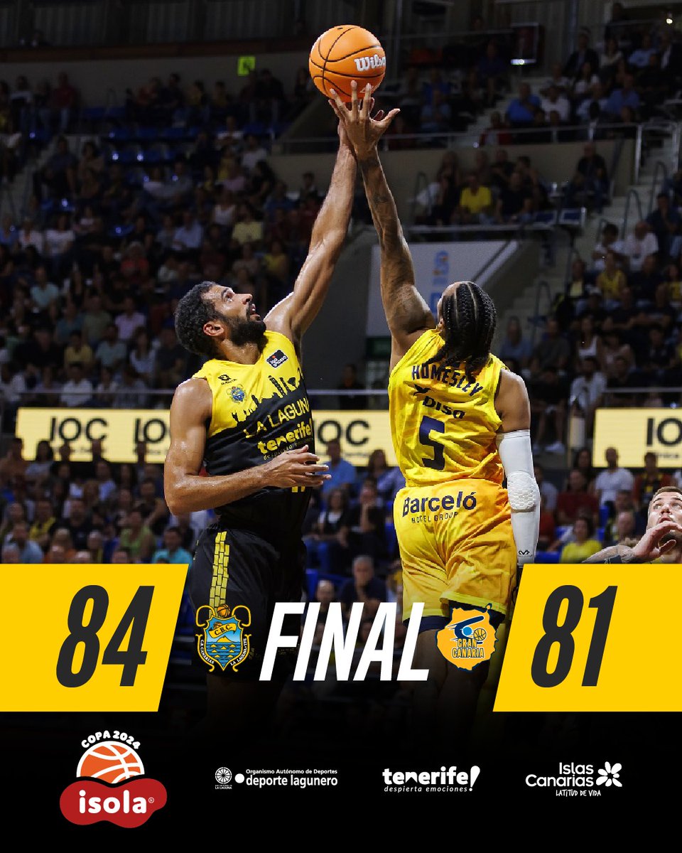 CB1939Canarias's tweet photo. Final en el Santiago Martín

¡Seguimos sumando sensaciones! Cerramos nuestro quinto test de pretemporada con triunfo 

El #Granca se lleva la #CopaIsola por su mejor coeficiente general de puntos entre los dos partidos

💛🖤 #VamosCanarias #LaLagunaTenerife #SeLlevaDentro https://t.co/yu0RrL1kNn
