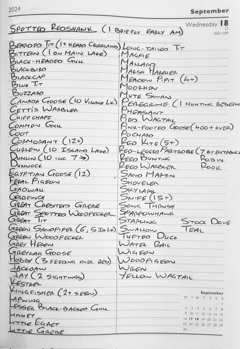 Sightings:17th September 2024.
<a href="/NorthCaveWet/">North Cave Wetlands</a>
After adding Spoonbill and Bar-tailed Godwit earlier in the month to the reserve Yearlist, the brief Spotted Redshank this morning brings the 2024 Yearlist up to a record-breaking 165 species!