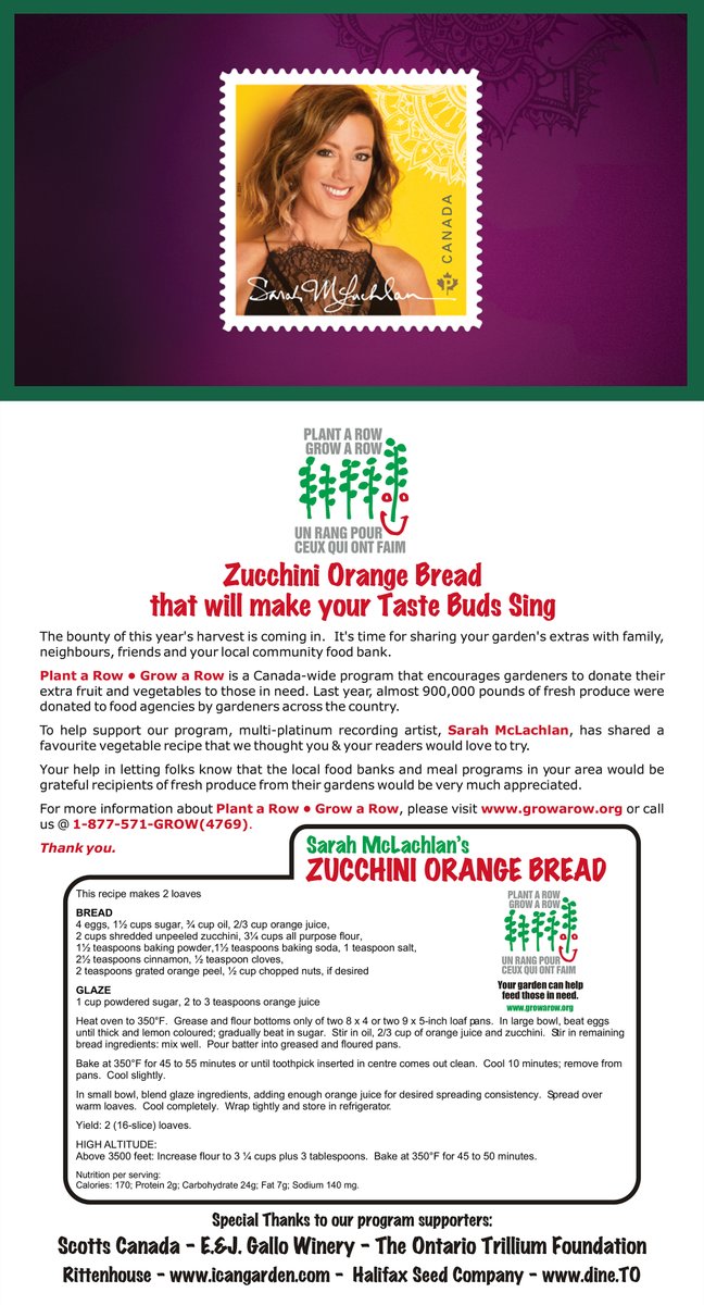 GrowarowInfo's tweet photo. Congratulations to Sarah McLachlan for being honoured with a postage stamp! An awesome Canadian moment! Sharing the recipe which Ms. McLachlan gave us many years ago to support our food-growing and -sharing program. Enjoy! 😊 
#soupalicious
#compost
#zerowaste
#community https://t.co/Joq2qEKdy9