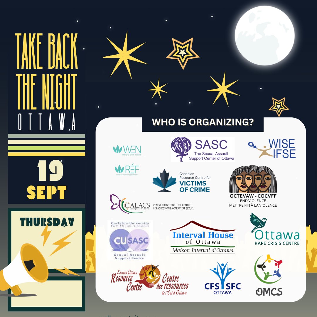 ONE DAY TO GO!
Take Back The Night is back on Thursday, September 19th, 2024 at 6PM!
#TBTN2024  will start with a rally in Minto Park (102 Lewis St) on 6pm. March at 6:45 through Downtown Ottawa and a info fair at Ottawa City Hall.
#TBTN #TBTN2024 #ottawa #ottevents #mintopark