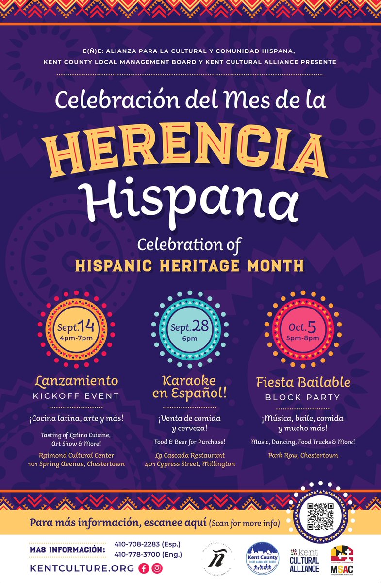 Hispanic Heritage Month Block Party - Celebracion Del Mes De La
Saturday , October 5, 2024   |  5 pm - 8 pm
Raimond Cultural Center - Park Row Chestertown