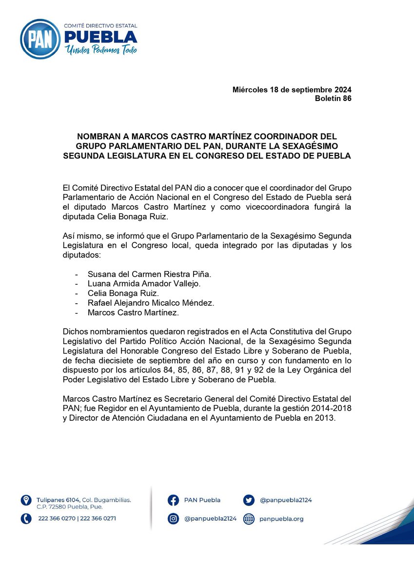 PANPuebla2427's tweet photo. 📰 El #PANPuebla informa: 

El Grupo Parlamentario de #AcciónNacional, en el @CongresoPue, nombró al Diputado @MarcosCastro40, como Coordinador, y a la Diputada @celiabonru, como Vicecoordinadora.

El @GLPAN_Puebla de la Sexagésimo Segunda Legislatura en el Congreso local, queda integrado por las diputadas y los diputados:

- Susana del Carmen Riestra Piña.
- Luana Armida Amador Vallejo.
- Celia Bonaga Ruiz.
- Rafael Alejandro Micalco Méndez.
- Marcos Castro Martínez.