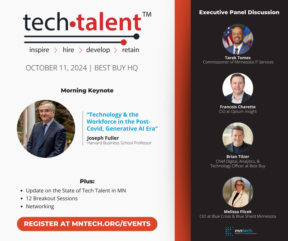 There's just a few weeks until Tech Talent 2024  – are you registered to join us? We will explore the evolving tech talent landscape. We will offer solutions, discussion, community, &amp; a path forward to build a stronger tech workforce. Join us on Oct 11: mntech.org/tech-talent-20…