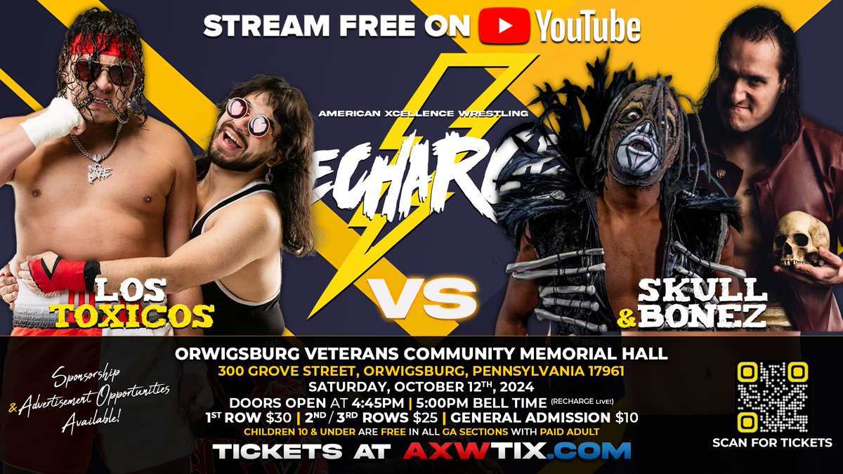 ⚡ AXW RECHARGE! 10/12 ​​⚡

The nights are getting shorter, the air cooler, and spooky season has officially begun! There's no better place to be on Saturday, October 12th, than in boo-tiful Orwigsburg, Pennsylvania, at the Orwigsburg Veterans Community Memorial Hall - 300 Grove