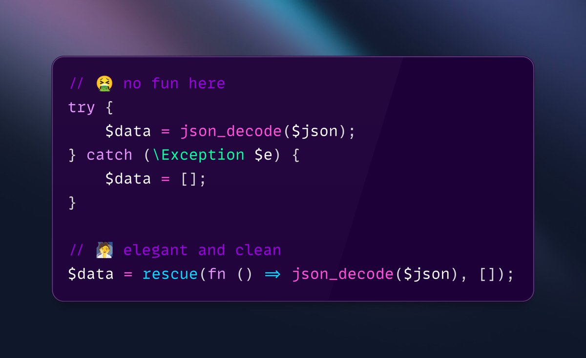 LaravelJutsu's tweet image. 💡Laravel tip: Say goodbye to messy try/catch blocks and use rescue() for cleaner code!
Thank you @_newtonjob, just learnt about about it!