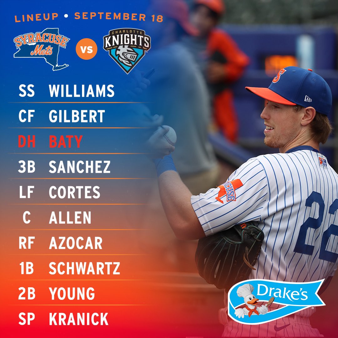 SyracuseMets's tweet photo. Here’s your @drakes Starting Lineup for Tonight’s Game! 

 🆚 @KnightsBaseball 
🏠 NBT Bank Stadium
⚾️ Gates 5:30pm/ First Pitch 6:35pm
📻 @TheScore1260/ Tunein App
💻 https://t.co/iFmJLbj8XD https://t.co/JOQNr1N0oa
