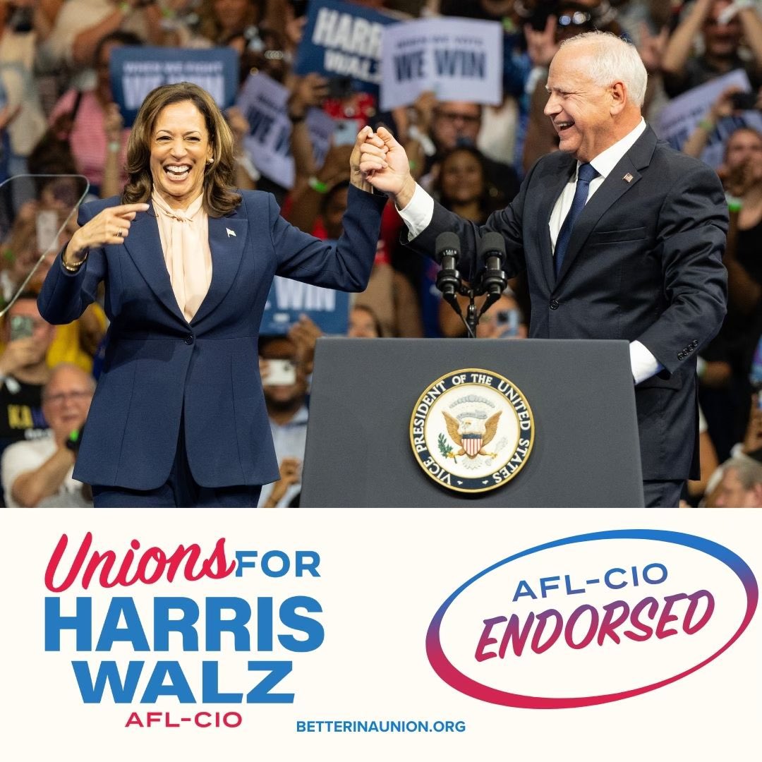 The <a href="/AFLCIO/">AFL-CIO ✊</a> unanimously endorsed Kamala Harris because she has been a true partner in the most pro-labor administration in history. At every step in her career, she’s fought for our workers, our jobs and our unions. #UnionsForHarris