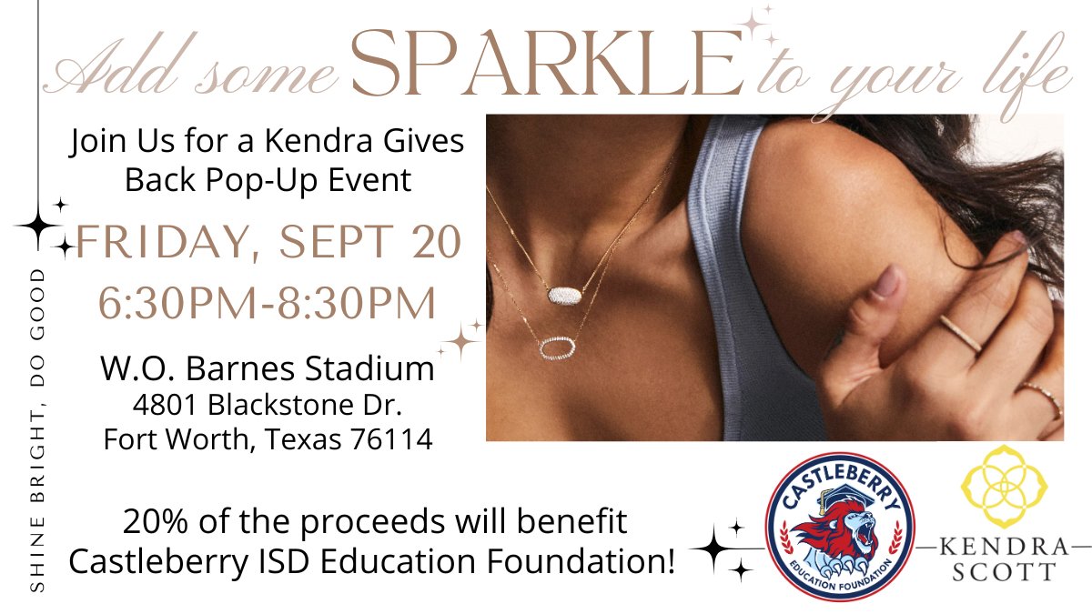 Join us this Friday night at the Castleberry Homecoming Game (W.O. Barnes Stadium) for a Kendra gives back Event from 6:30pm – 8:30pm!
Can’t make it? Us code: GIVEBACK-HINRL to shop online at kendrascott.com from 9/20-9/21.