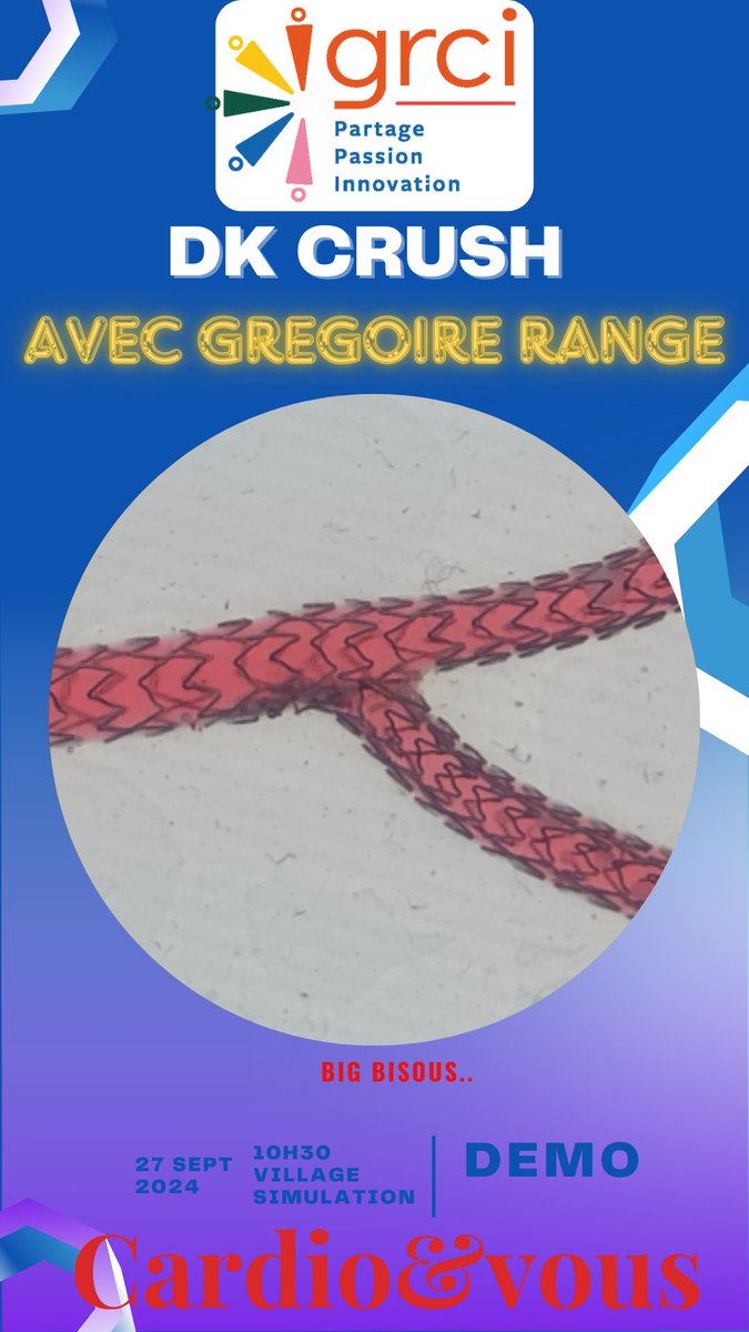 On se retrouve au village simulation du GRCI nous allons presenter un simulateur de Bifurcation pour decrire le DK Crush. Decouvrez cette session avec TERUMO le vendredi 27 septembre à 10h30 puis suivi d'une session complication avec le groupe ACTIF à 14h30
Mille merci à TERUMO